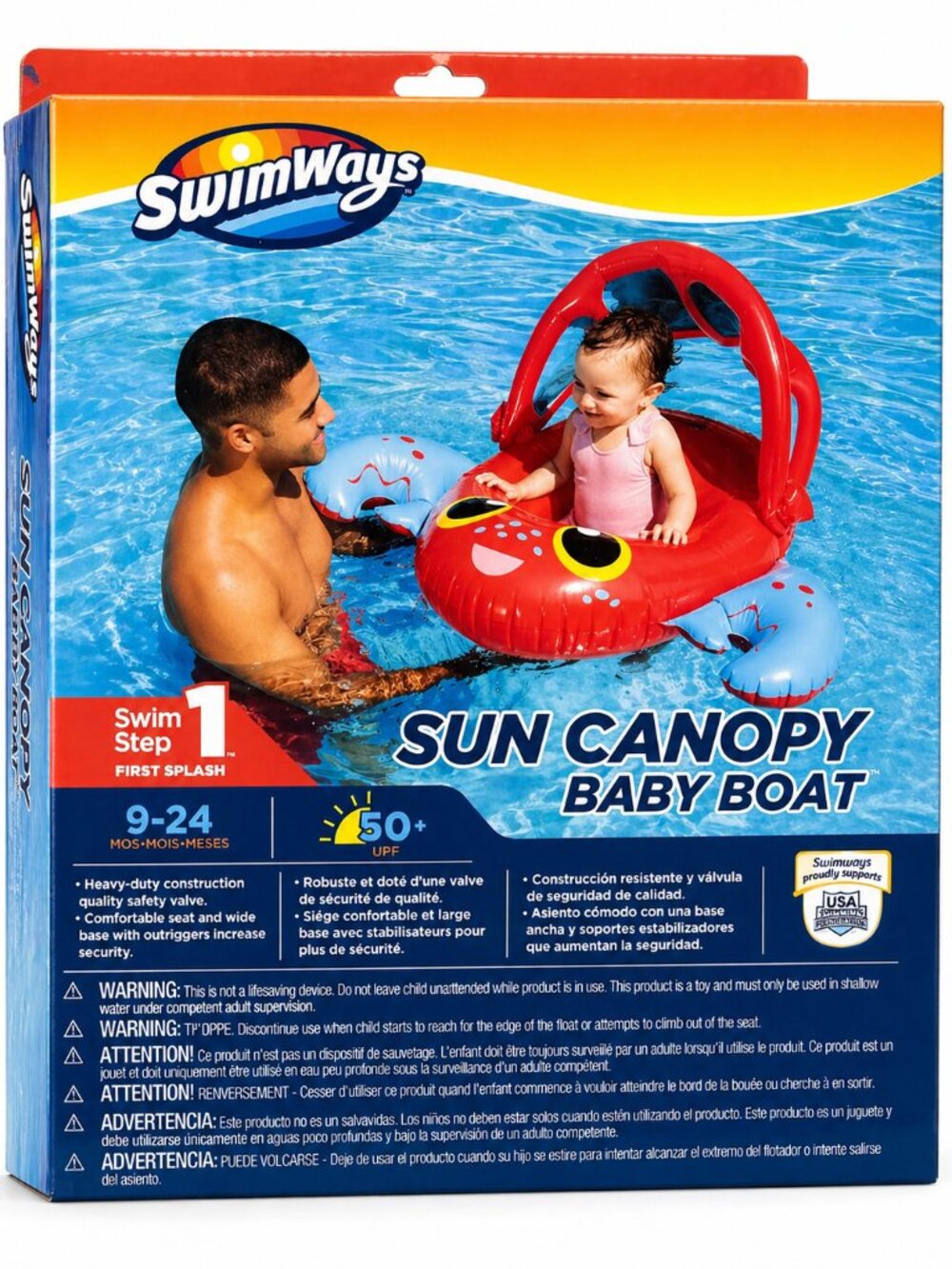 SwimWays Sun Canopy Baby Boat Float 9–24 Months UPF 50+ Infant Pool , Crab Red